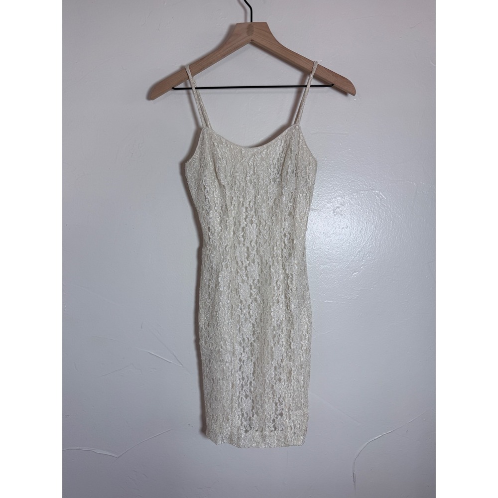 Vintage All That Jazz Cream Lace Mini Dress 90s Spaghetti Strap Bodycon 3/4